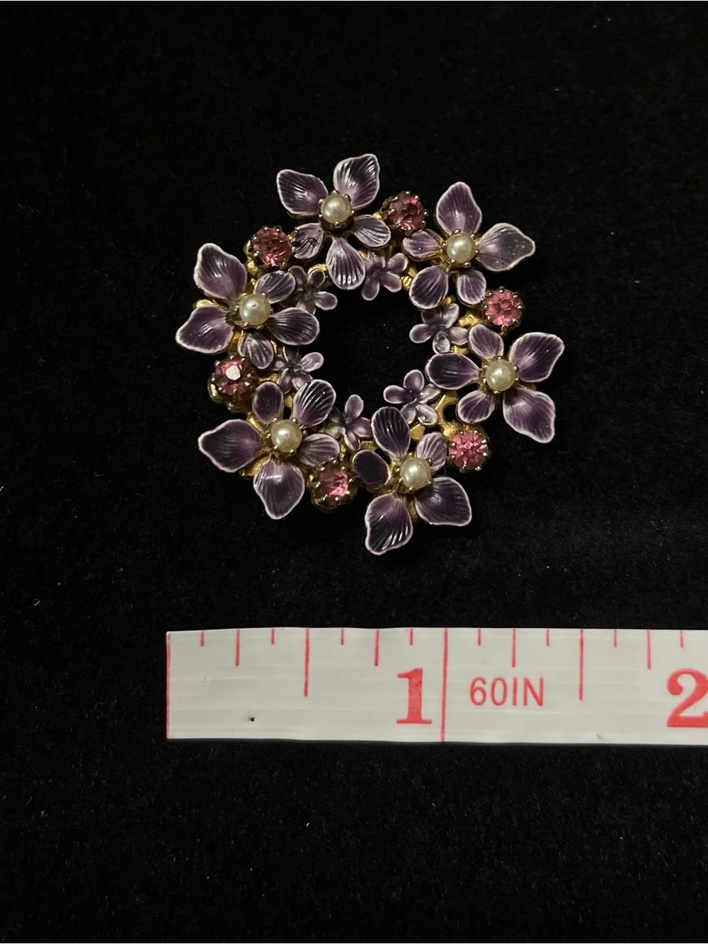 Vintage Purple Enamel Flower Wreath Brooch Pink Rhinestone Faux Pearl Pin